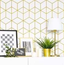 Peel And Stick Wallpaper Gold And White Contact Paper Geometric Wallpaper Self - £29.40 GBP