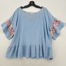 Matilda Jane Top Women XXL Blue Gingham Floral Lightweight Ruffle Cottage Blouse - $27.99