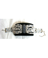 Vintage Silver Toned Choker Necklace Blue Rhinestone Faux Pearl Hook Cla... - $39.59