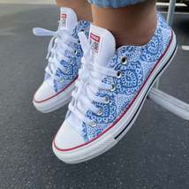 Blue Lace Pattern White Low Top Converse - Casual Comfortable Wedding Shoes - $179.00