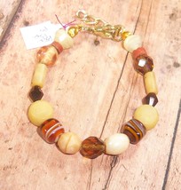 Upcycled Bracelet Bead Brown Beige Glass Decorated Size Small 6&quot; w/Extender  - £6.39 GBP