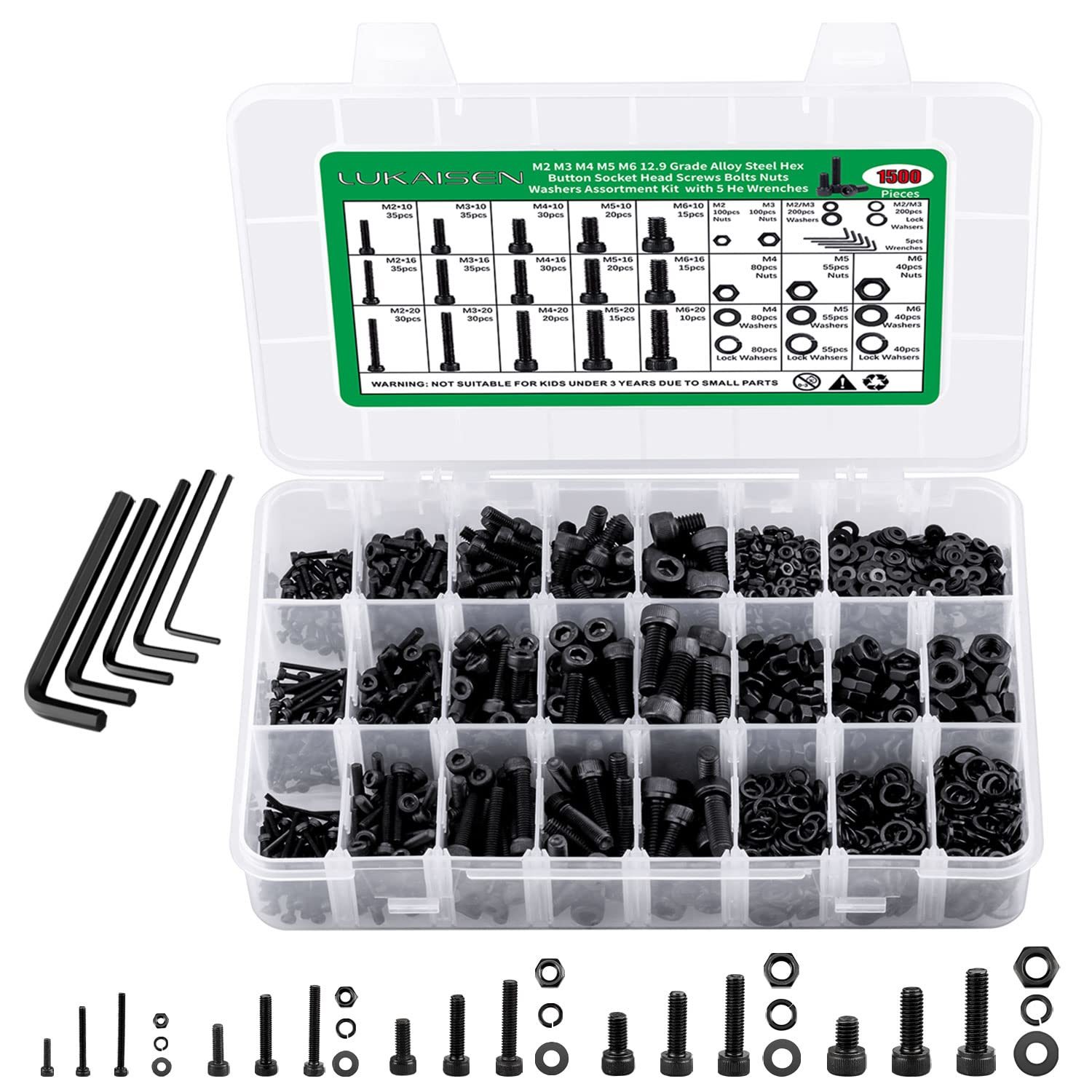 1500Pcs Screws Nuts And Washers Assortment, M2 M3 M4 M5 M6 Hex Socket He... - $31.99