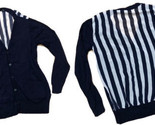 Navy Blue White Striped Chiffon Back Stretch Knit Cardigan Sweater Size ... - $12.76