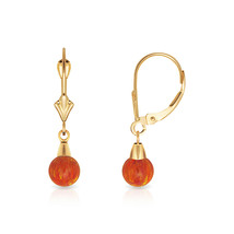 5 mm Ball Shaped Orange Fire Opal Leverback Dangle Earrings 14K Yellow Gold - £67.27 GBP