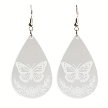 Transparent Droplet Shape White Butterfly Flower Print Dangle Earrings - New - £13.29 GBP