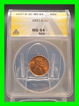 1937-D Lincoln Cent Penny 1c ~ ANACS MS-64 RED - £35.55 GBP