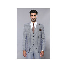Men 3pc Vest Suit WESSI by J.VALINTIN Extra Slim Fit JV42 Blue Plaid TURKEY USA image 7