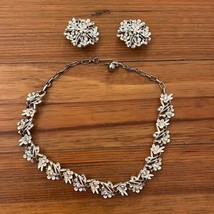 Vintage White Enamel Flower AB Rhinestone Necklace Matching Clip Earrings - £18.79 GBP