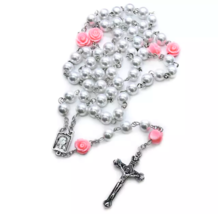 Pink &amp; White Flower Rose Shaped Pearl Bead Rosary Set Catholic Girl Women - £10.66 GBP