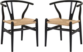 Black (Set Of 2) Poly And Bark Weave Modern Wooden Mid-Century Dining Chairs - £305.04 GBP