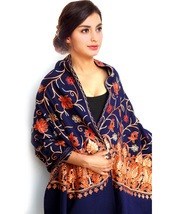 Women Aari Kashmiri Blue Stole Ethnic Flower Embroidered Wool Shawl Cashmere - £61.99 GBP