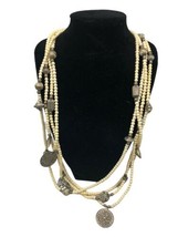 Layered Multi Strand Necklace White Beaded Faux Coins Metal Chunky Statement 12&quot; - £16.95 GBP