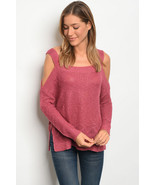 Womens Raspberry Loose Fit Cold Shoulder Side Slit Square Neck Knit Sweater - $20.00