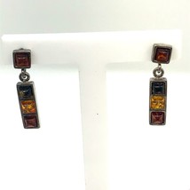 Vintage Sterling Four Square Multi Color Amber Stone Dangle Post Stud Earrings - $39.60