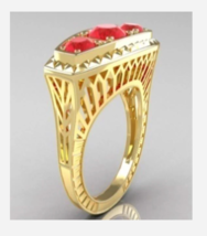 GOLD TRIPLE RED GEMSTONE COCKTAIL RING SIZE 6 7 8 9 10 - £31.38 GBP