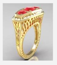 Gold Triple Red Gemstone Cocktail Ring Size 6 7 8 9 10 - $39.99