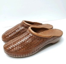 Woven Leather Clogs Mules Slip On Sandals Brown Sabots tan Vintage Sz 7 M - £26.14 GBP
