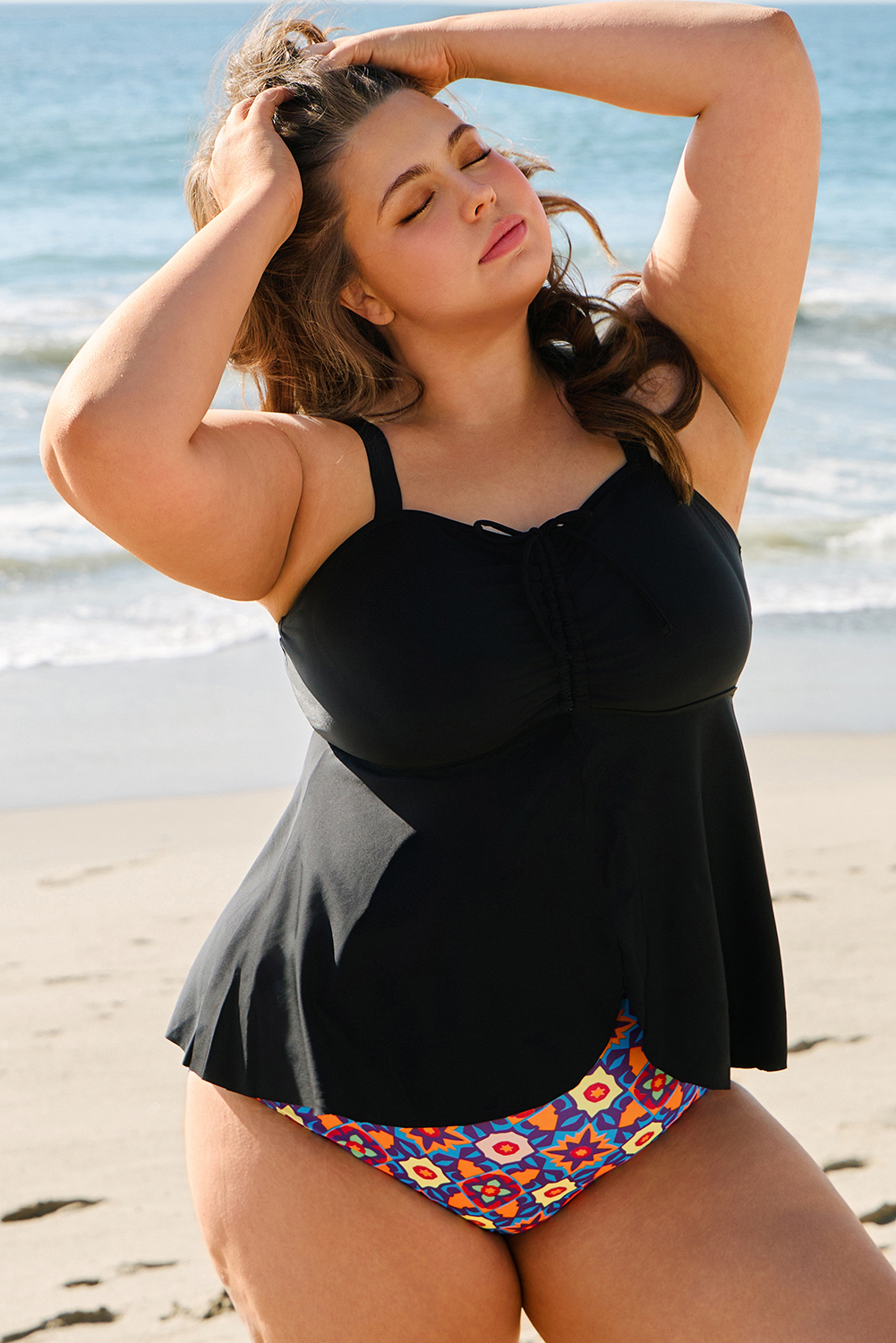 Black Drawstring Tied Front Flared Top Geometric Print Bottom Plus Size Tankinis Item image 3