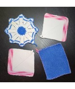 4 Hand Crochet Farmhouse Pink and Blue Cotton Pot Holders &amp; Hot Pads Vin... - $30.08