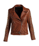 New Woman Brown Gold Silver Studded Brando Punk Cowhide Leather Jacket  ... - £204.05 GBP