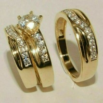 14K Yellow Gold Over His/Hers Bridal Band Engagement Trio Ring Set Round Diamond - $111.44