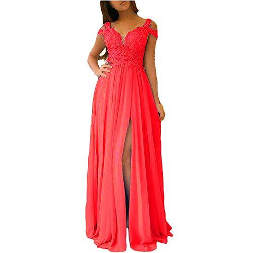 Illusion Top Front Slit Off The Shoulder Sexy Long Prom Dresses Watermelon US 14