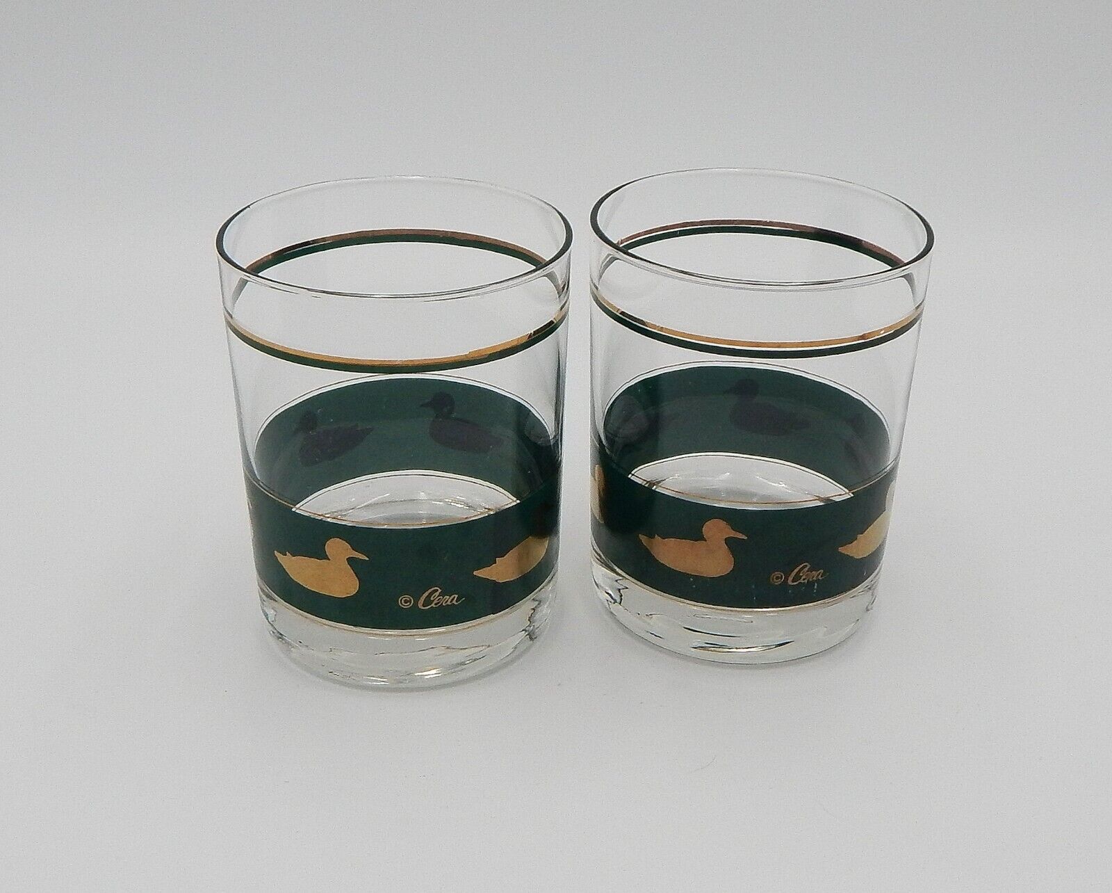 Cera Mallard Duck Barware 4" Whiskey Glasses Green And Gold Set Of 2 - $24.99