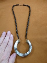 v620-6) WHITE Paua shell Mosaic circle pendant 20&quot; aceh cow bone + Onyx Necklace - £65.97 GBP