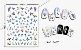 Nail art 3D stickers decal blue yellow butterflies blue lilac flowers CA670 - £2.39 GBP