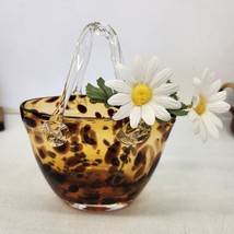 Vintage Tortoise Shell Studio Glass Basket Purse Hand Blown Vase Brown Black - £19.12 GBP