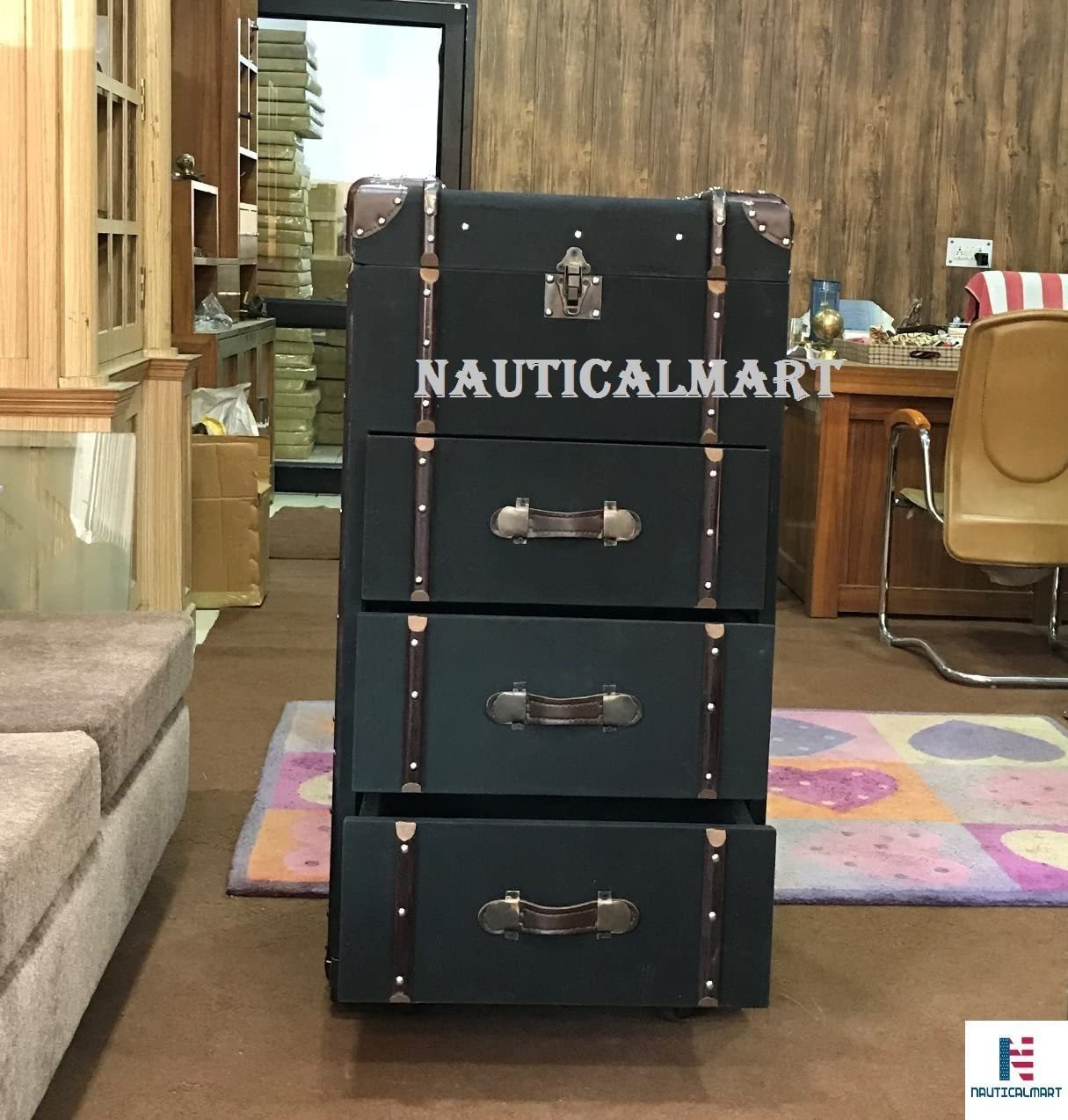 NauticalMart Wardrobe Trunk Faux Leather with Drawers Exclusive Furniture - $1,299.00