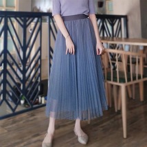Dusty Blue Pleated Tulle Skirt Women Custom Plus Size Tulle Maxi Skirt image 2