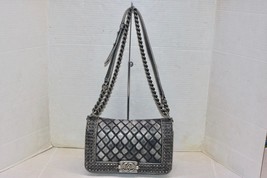 Authentic Chanel Grey Quilted Distressed Leather Studded Paris-Dallas Boy Bag - £2,174.32 GBP