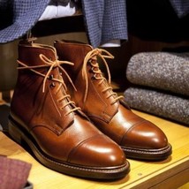 Men Brown Rounded Cap Toe Lace Up Hand Made High Ankle Real Leather Boot US 7-16 - £124.01 GBP