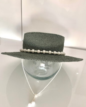 Classic gray, handmade canotier hat with long brims, decorated with pearls, hand - £78.10 GBP