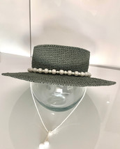 Classic gray, handmade canotier hat with long brims, decorated with pear... - $100.00