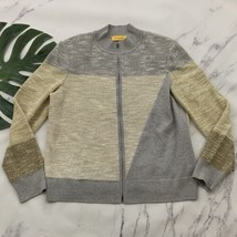St John Cardigan Sweater Size L Gray Cream Colorblock Zipper Front Wool ... - $65.33