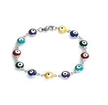 8 Inch 304 Stainless Steel Colorful Puffed Round Evil Eye Bezel 2 Sided Bracelet - £7.50 GBP