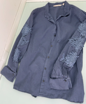 Soft Surroundings Women&#39;s Shirt Medium M Embroidered Floral Navy Gingham... - $24.72