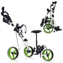 Foldable 3 Wheel Push Pull Golf Club Cart Trolley w/Seat Scoreboard Bag Swivel - £138.39 GBP