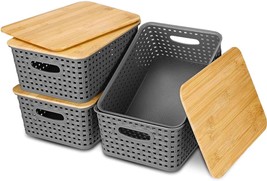 Lidded Storage Bins, 4 Pack Of Plastic Storage Baskets With Bamboo Lids For - £29.84 GBP