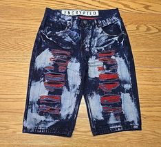 Encrypted Jean Shorts Mens Size 32 Dark Acid Wash Denim Distressed A1 - $29.70