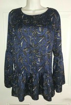 Simply Styled Royal Blue Black Floral Boho Bell Sleeve Tunic Top Blouse Size MED - £7.52 GBP