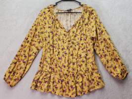 Democracy Blouse Top Womens Medium Yellow Floral Long Sleeve V Neck Button Front - £14.46 GBP