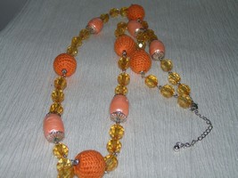 Estate Long Tangerine Orange Moonglow &amp; Yarn Covered Faceted Plastic Bead Neck - £6.86 GBP