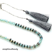 Aquamarine Opal Fire AB Glass Beaded Crystal Faceted Beads Black Tassel Necklace - £7.62 GBP