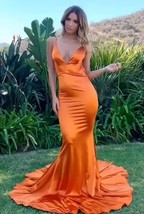 Sexy Mermaid Deep V Neck Orange Prom Dresses Backless Sweep Train Party Gowns - £112.59 GBP