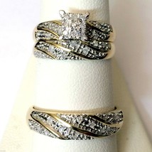 His Her Trio Ring Set Wedding Bridal Band 14k Gold-Plated Simulated Diamond Xmas - $180.07