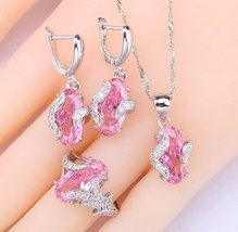 Pink Zircon Bridal Jewelry Sets For Women Wedding 925 Stamp Bracelet Earrings Ri - £28.60 GBP