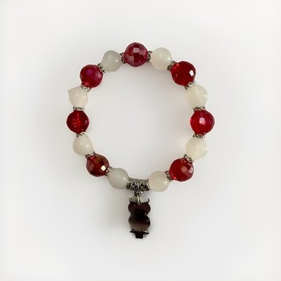 RED Faceted Bead Stretch Bracelet with White Gemstone Beads & Silver Owl Charm Item image 2